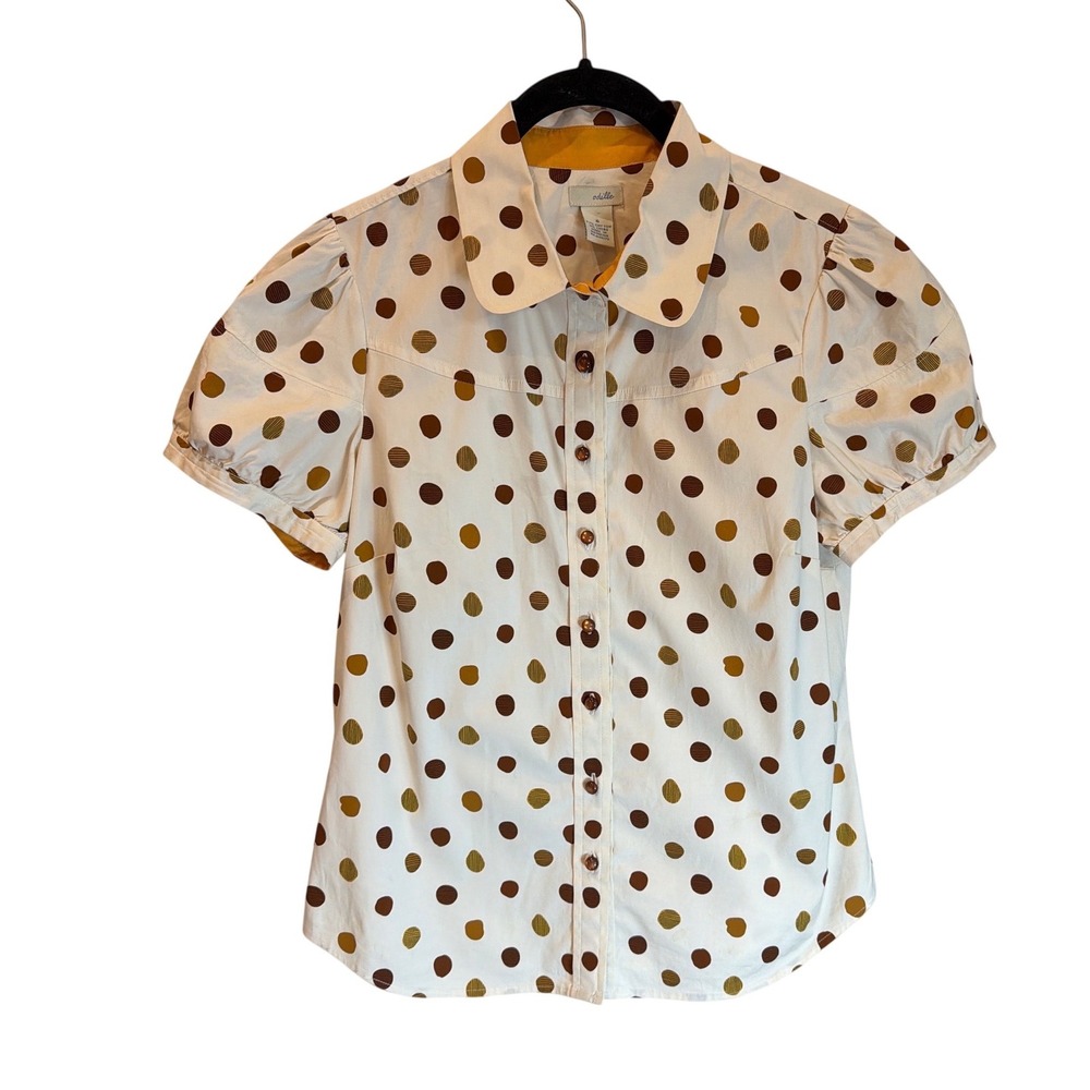 Odille Anthropologie Polka Dot Puff Sleeve Button Down Blouse White Brown Size 6